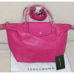 New w/Tags Longchamp Le Pliage Cuir Leather Shoulder Bag, Small, Cyclamen Pink